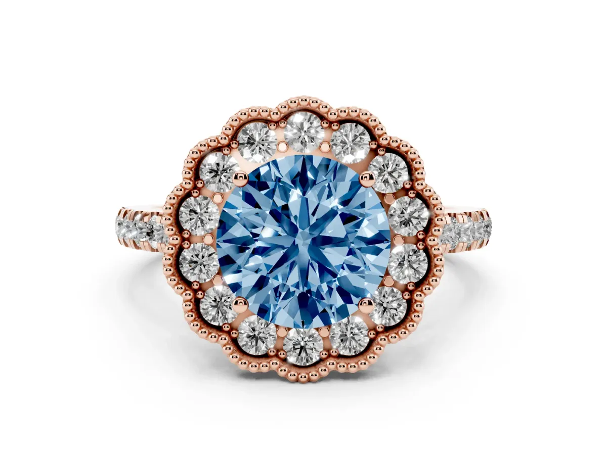 Fancy Blue Round Cut Cut Diamond Milgrain Floral Halo Engagement Ring with Pavé Band Rose gold