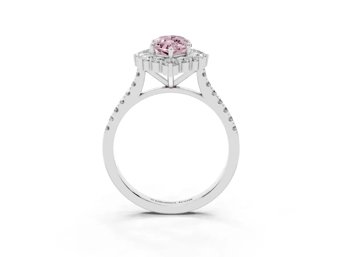 Fancy Pink Marquise Cut Halo Diamond Ring with Pavé Band and Prong Setting Silver
