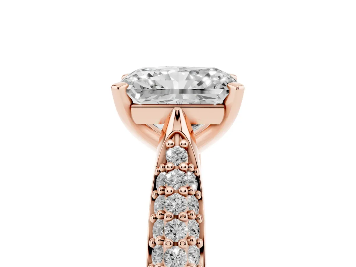 Radiant Cut Diamond Solitaire Engagement Ring with Multi-Row Round Pavé Band and Prong Setting Rose gold
