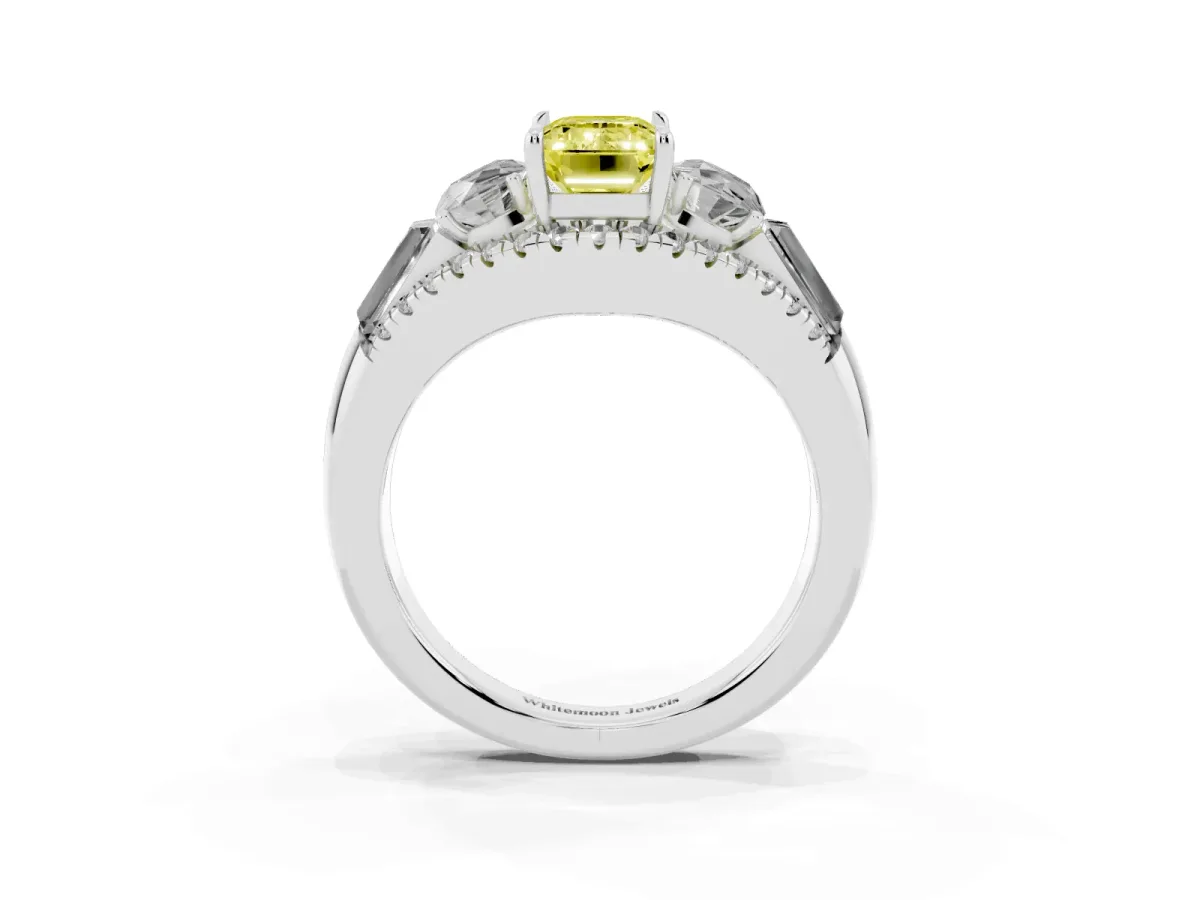 Fancy Yellow Three-Stone Emerald Cut Diamond Engagement Ring with Pave Band and Prong Setting Silver