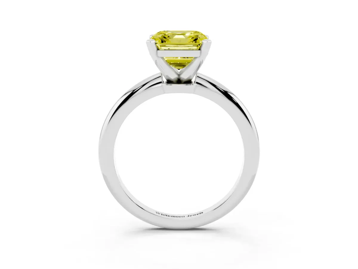 Fancy Yellow Asscher Cut Diamond Solitaire Ring with Prong Setting and Classic Band Silver