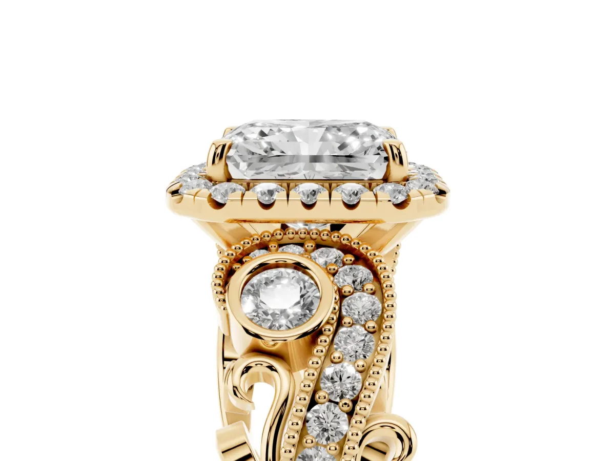 Radiant Cut Halo Diamond Ring with Milgrain and Bezel Accents on a Split Shank Band Yellow gold