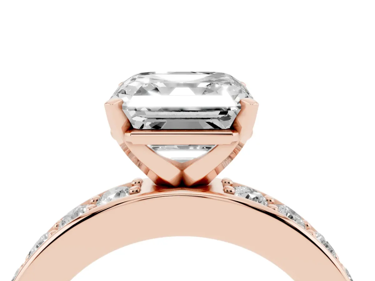 Asscher Cut Diamond Engagement Ring with Channel Set Round Band and Prong Setting Rose gold