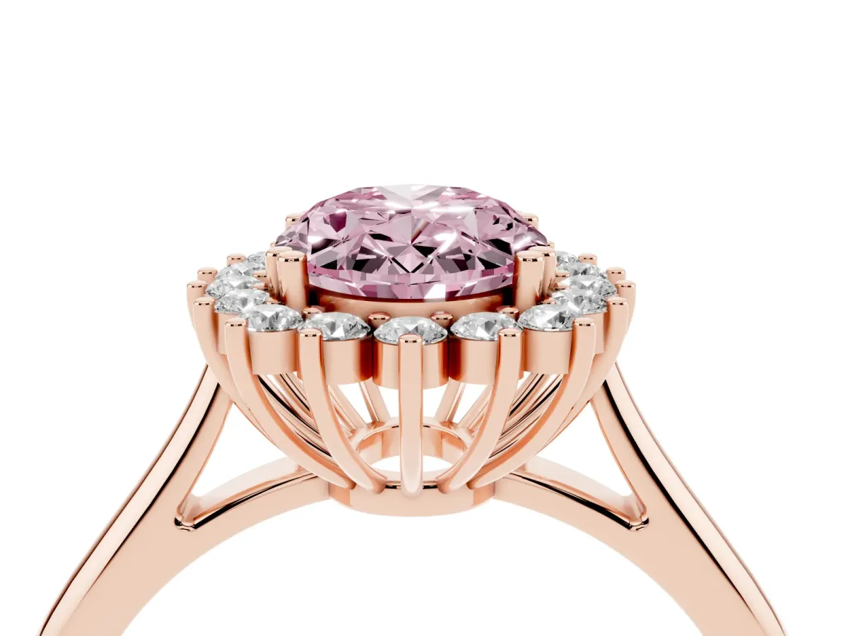 Fancy Pink Oval Cut Cut Diamond Halo Ring with Solitaire Band and Prong Setting Rose gold