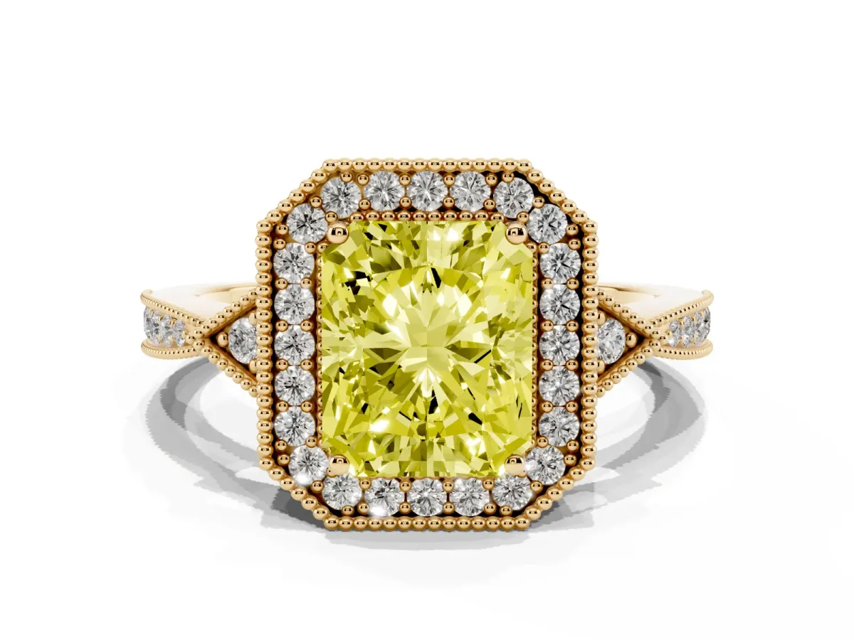 Fancy Yellow Radiant Cut Halo Round Diamond Milgrain Pave Engagement Ring Yellow gold