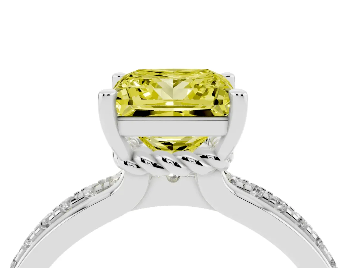 Fancy Yellow Princess Cut Solitaire Diamond Ring with Channel Set Band and Six-Prong Setting Platinum