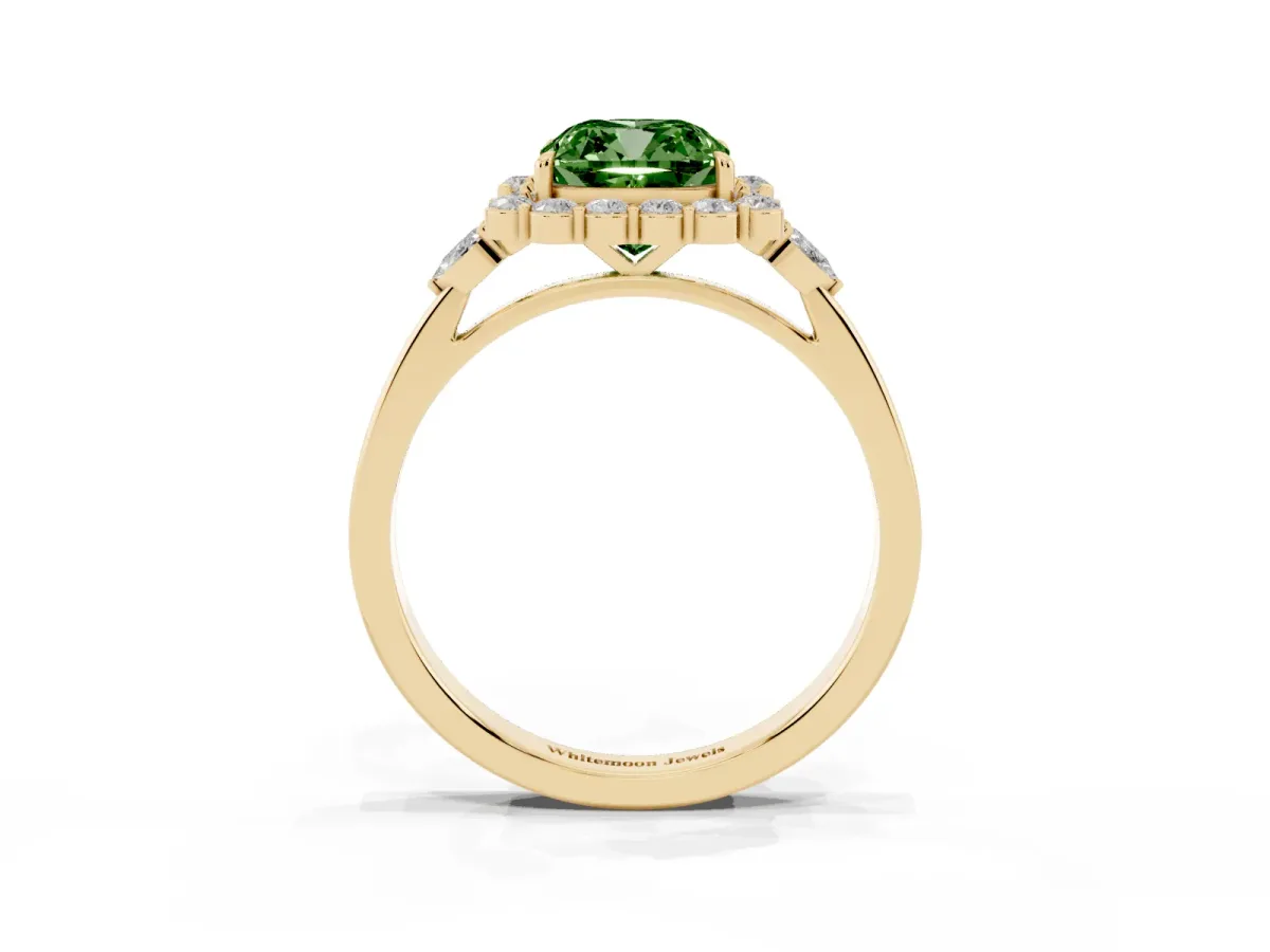 Fancy Green Cushion Cut Diamond Halo Ring with Pear Side Stones and Prong Setting Yellow gold