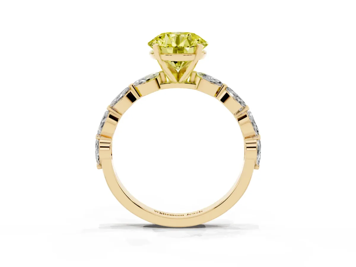 Fancy Yellow Round Cut Diamond Ring with Marquise Side Stones and Prong Setting Yellow gold