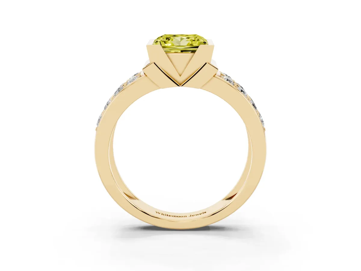 Fancy Yellow Princess Cut Brilliant Diamond Channel Set Wide Band Ring with Bezel Setting Yellow gold