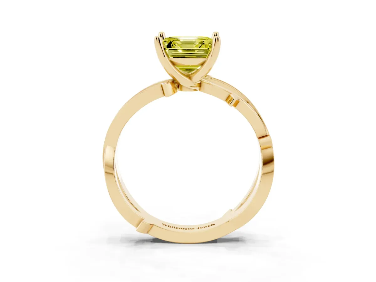 Fancy Yellow Asscher Cut Solitaire Twist Band with Pavé Accents and Four-Prong Setting Yellow gold
