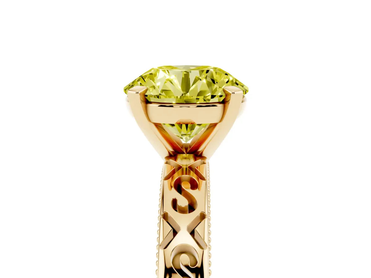 Fancy Yellow Round Cut Solitaire Engagement Ring with Scrollwork Band and Four-Prong Setting Yellow gold