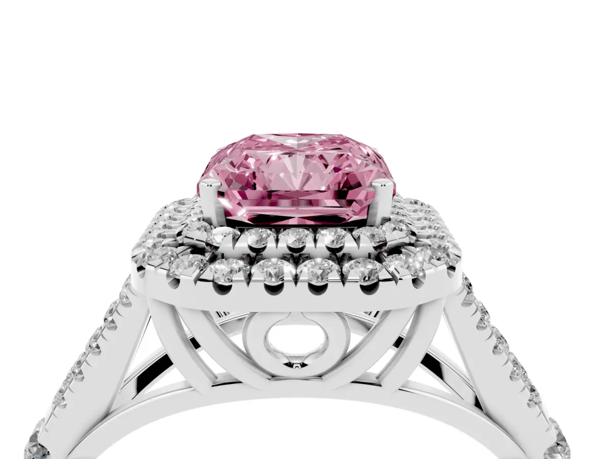 Fancy Pink Double Halo Radiant Cut Diamond Split Shank Engagement Ring with Four-Prong Setting Silver