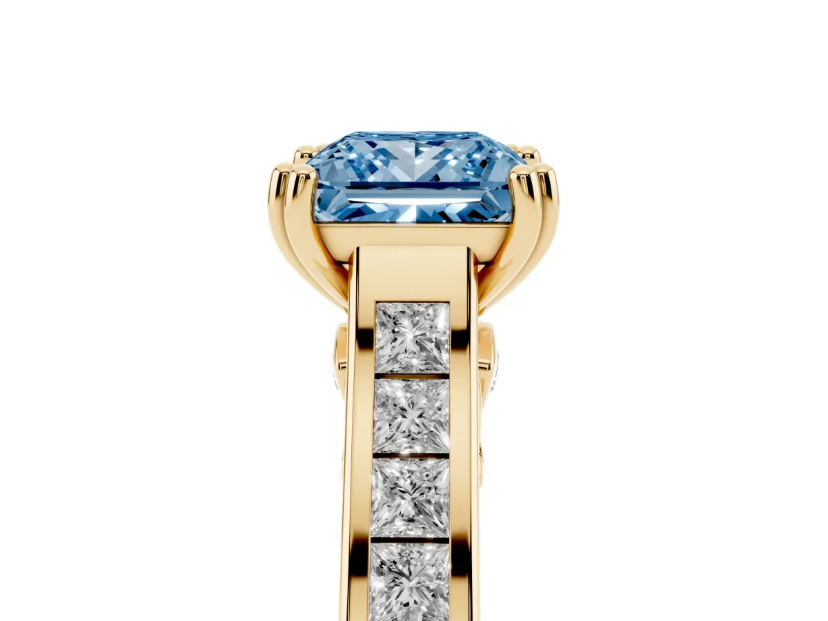 Fancy Blue Princess Cut Cut Channel Set Solitaire Engagement Ring with Prong Setting Yellow gold