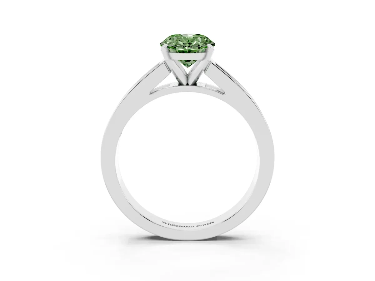 Fancy Green Oval Cut Solitaire Diamond Ring with Channel-Set Band and Four-Prong Setting Silver