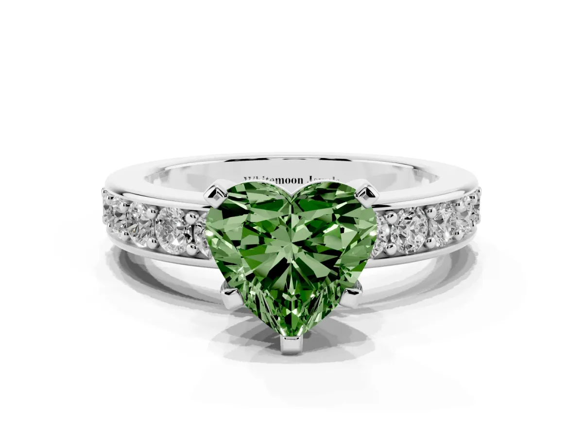 Fancy Green Heart Cut Diamond Engagement Ring with Channel Set Round Band and Prong Setting Platinum
