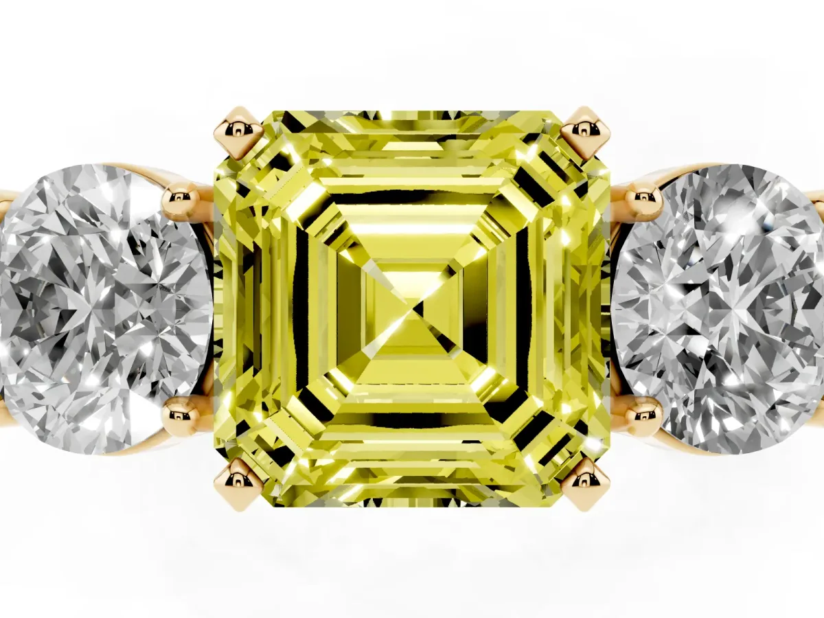 Fancy Yellow Three-Stone Asscher Cut Diamond Ring with Round Side Stones, Classic Band, and Four-Prong Setting Yellow gold
