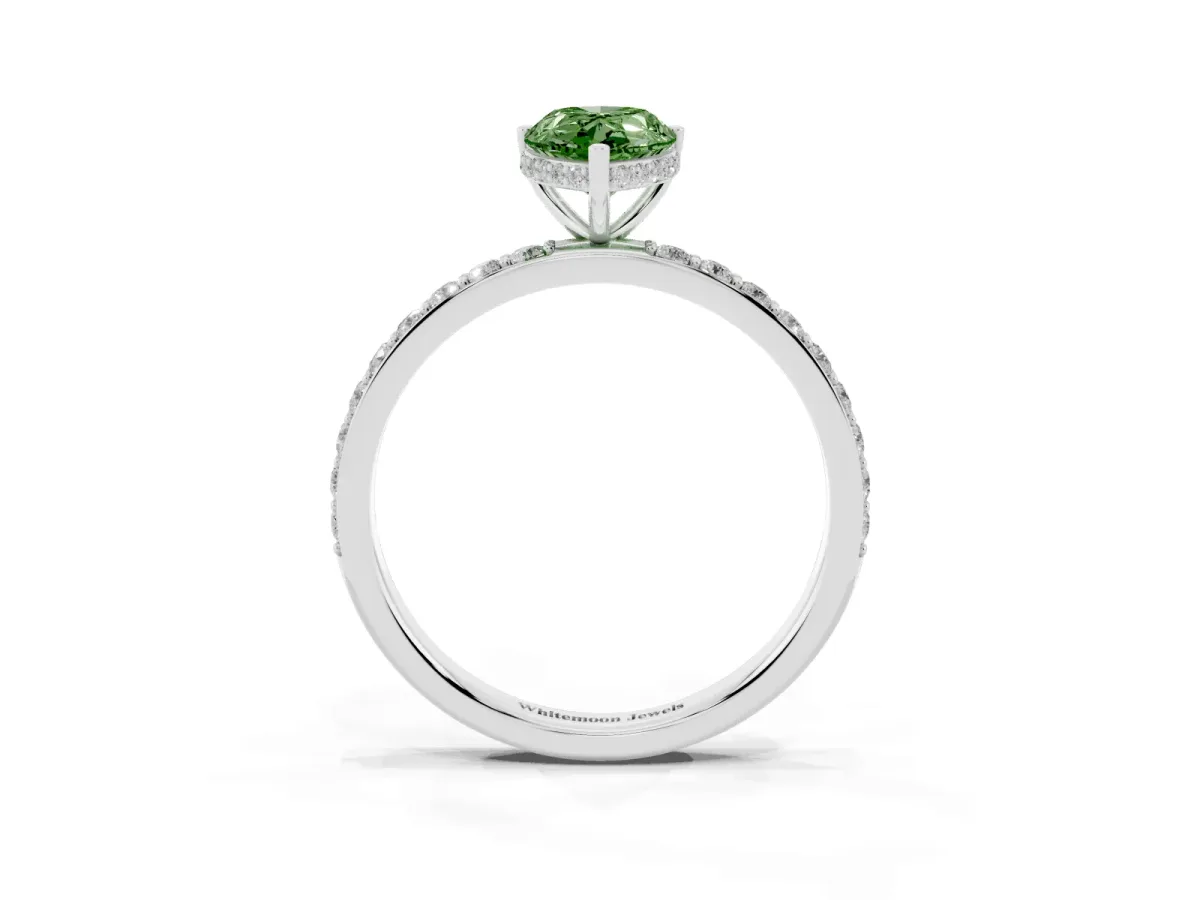 Fancy Green Pear Cut Diamond Solitaire Ring with Pavé Band and Hidden Halo Platinum