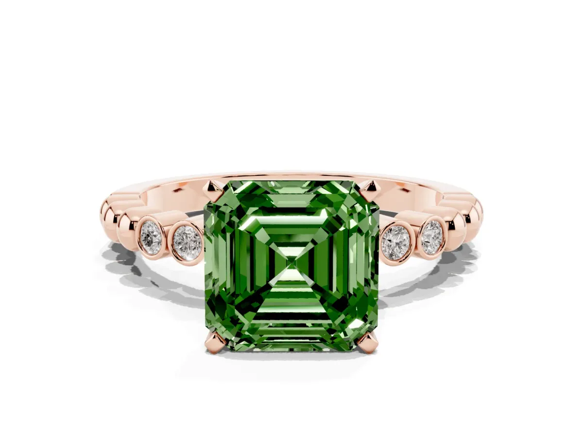 Fancy Green Asscher Cut Solitaire Bezel Accent Diamond Engagement Ring with Beaded Band and Four-Prong Setting Rose gold
