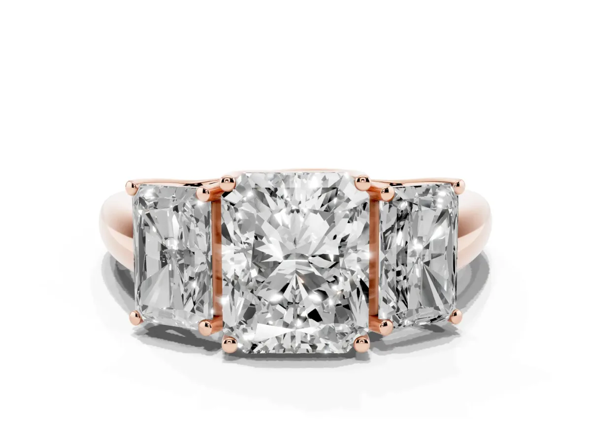 Three-Stone Radiant Cut Diamond Engagement Ring with Prong Setting Rose gold