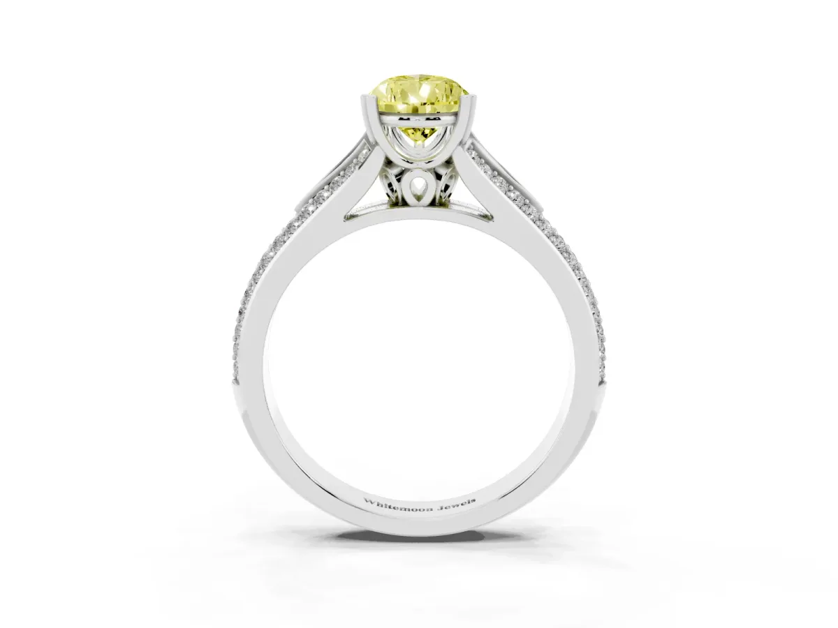 Fancy Yellow Pear Cut Diamond Split Shank Engagement Ring with Pavé Band Silver