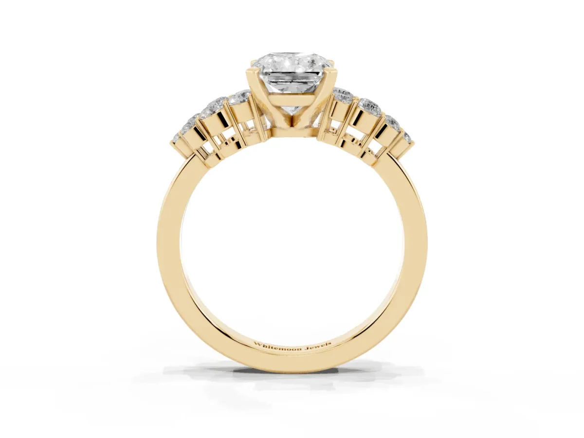 Radiant Cut Cluster Diamond Engagement Ring with Pavé Band and Four-Prong Setting Yellow gold