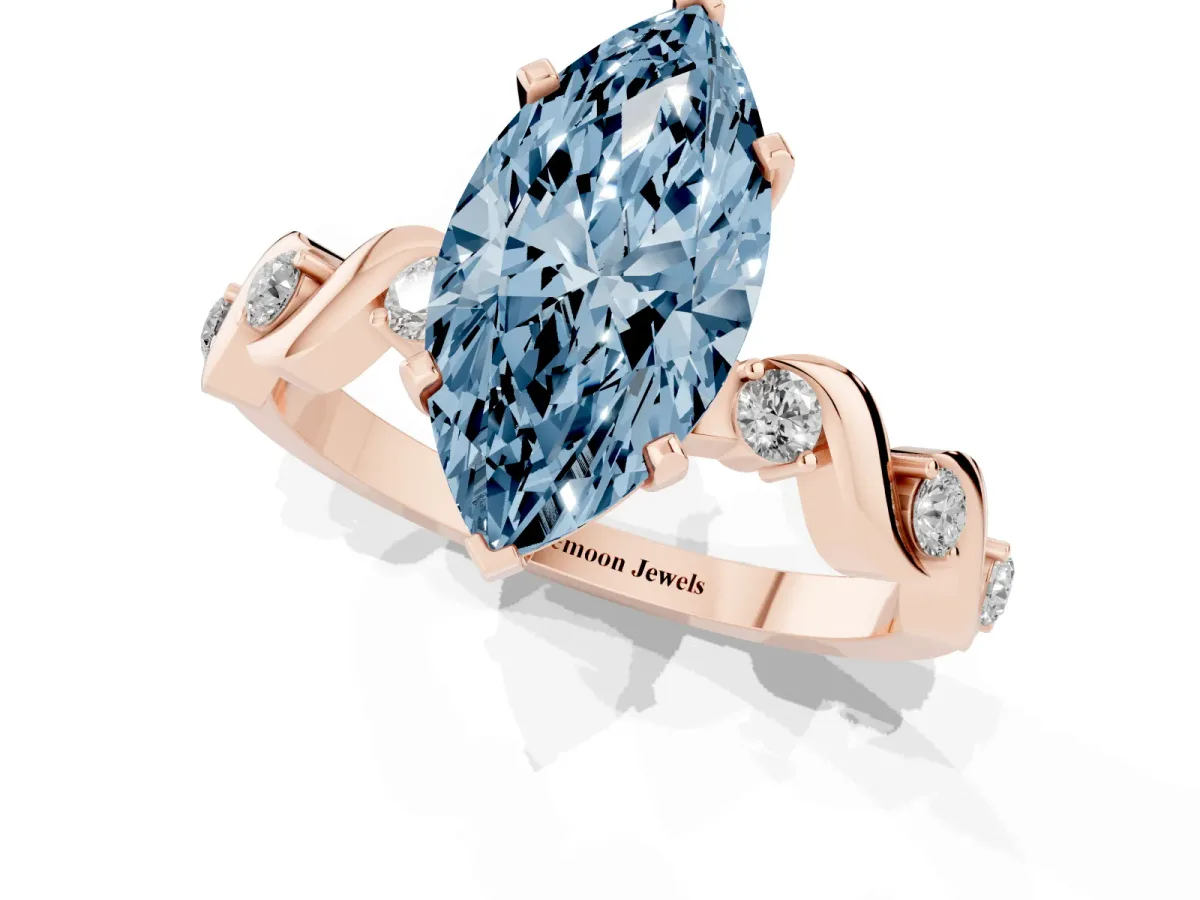 Fancy Blue Marquise Cut Diamond Solitaire Twisted Band with Round Accents and Prong Setting Rose gold