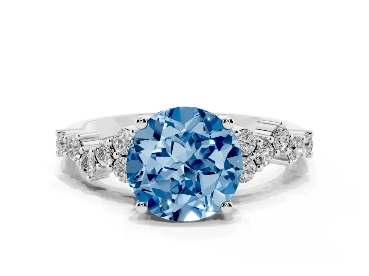 Fancy Blue Round Cut Diamond Scattered Round Accent Ring with Prong Setting Silver