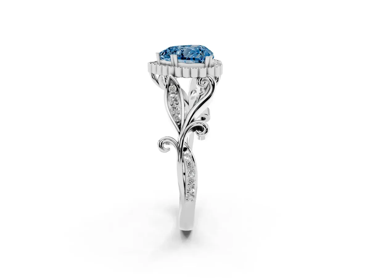 Fancy Blue Heart Cut Diamond Halo Ring with Vintage Split Shank and Four-Prong Setting Silver
