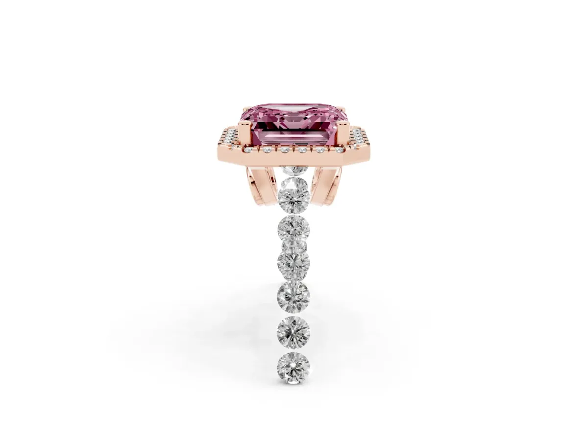 Fancy Pink Asscher Cut Halo Pavé Diamond Engagement Ring with Four-Prong Setting Rose gold