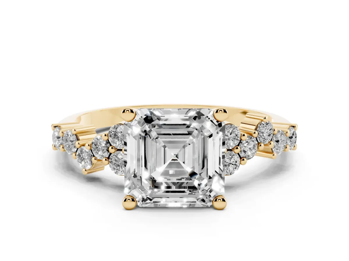 Asscher Cut Diamond Scattered Round Accent Ring with Prong Setting Yellow gold
