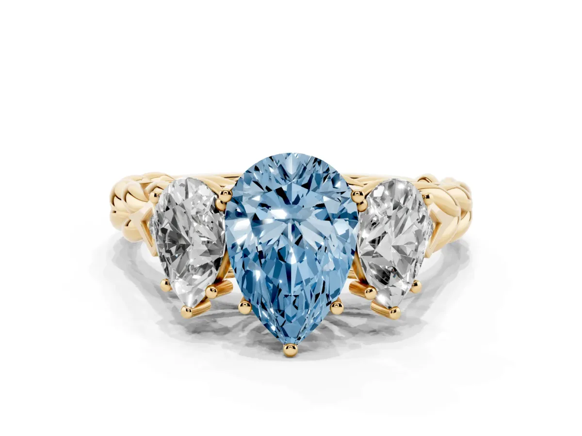 Fancy Blue Three-Stone Pear Cut Diamond Braided Band Ring with Four-Prong Setting Yellow gold