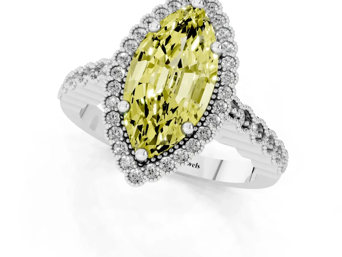 Fancy Yellow Marquise Cut Cut Halo Pavé Solitaire Ring with Milgrain Band White gold