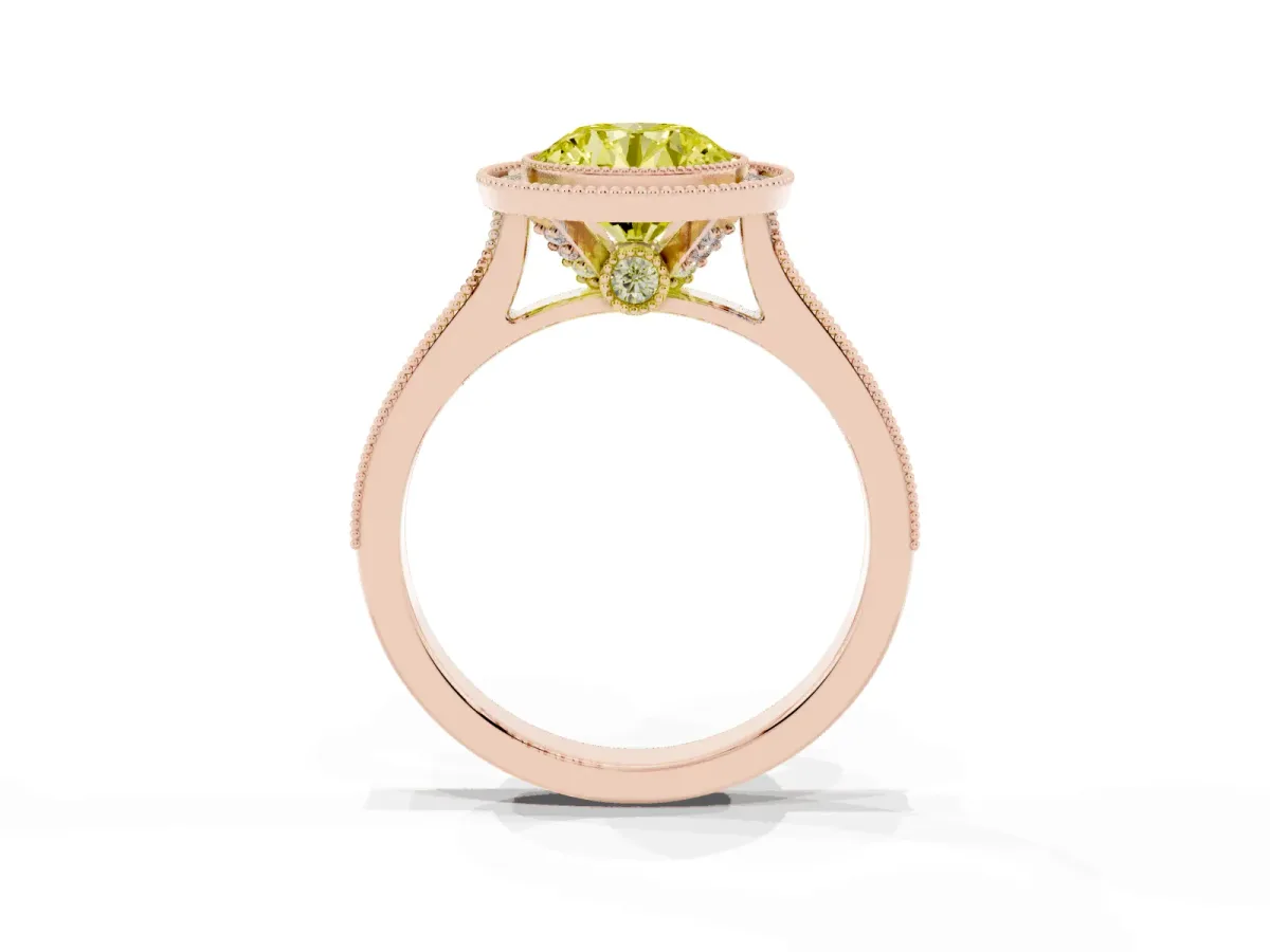 Fancy Yellow Halo Round Cut-Cut Diamond Pave Band Milgrain Prong Setting Ring Rose gold