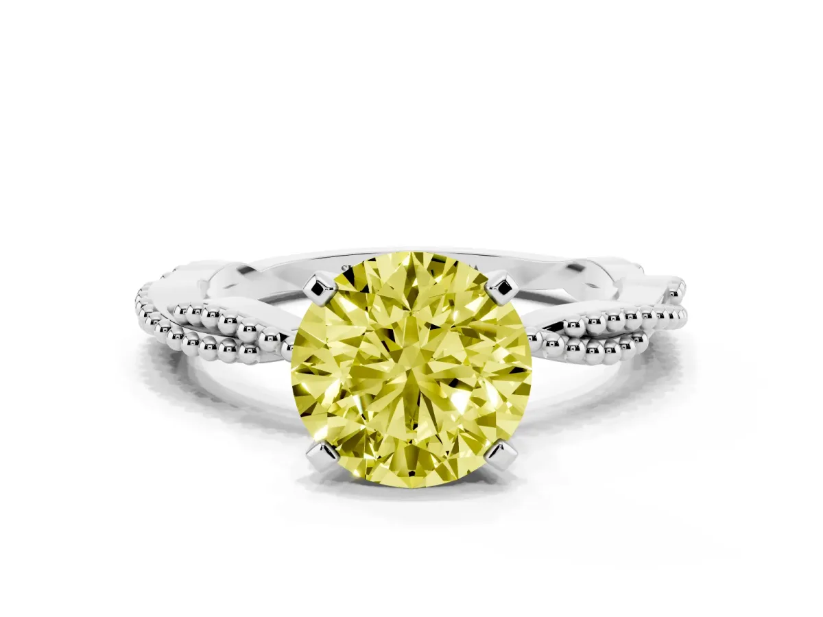 Fancy Yellow Round Cut Solitaire Twisted Band with Bead Prong Setting Platinum