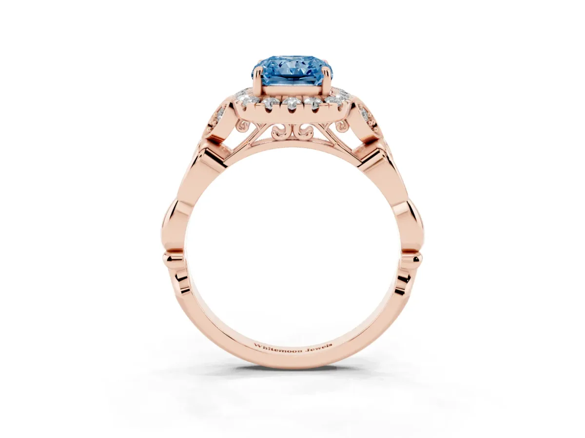 Fancy Blue Radiant Cut Halo Diamond Engagement Ring with Vintage-Inspired Band and Four-Prong Setting Rose gold