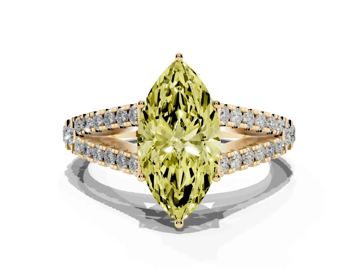 Fancy Yellow Marquise Cut Diamond Split Shank Pavé Engagement Ring with Four-Prong Setting Yellow gold
