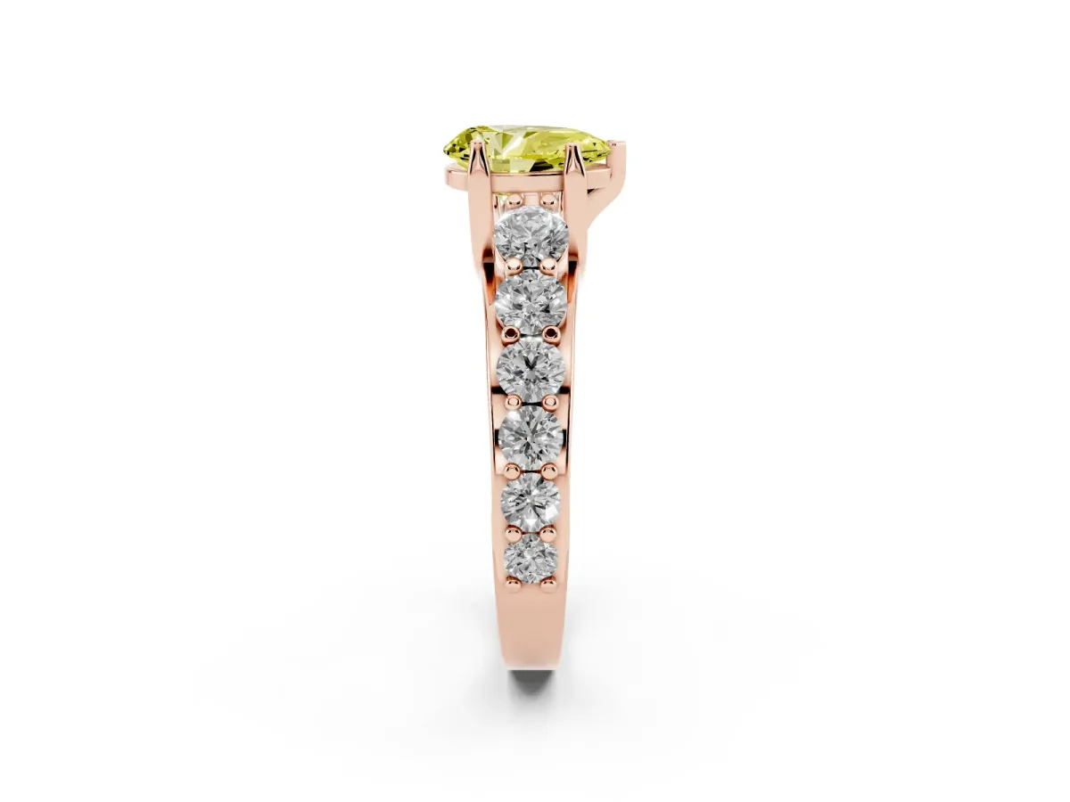 Fancy Yellow Pear Cut Diamond Engagement Ring with Pavé Band and Four-Prong Setting Rose gold