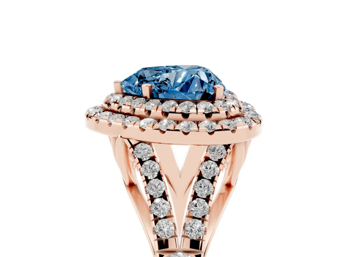 Fancy Blue Heart Cut Cut Double Halo Split Shank Diamond Ring with Prong Setting Rose gold