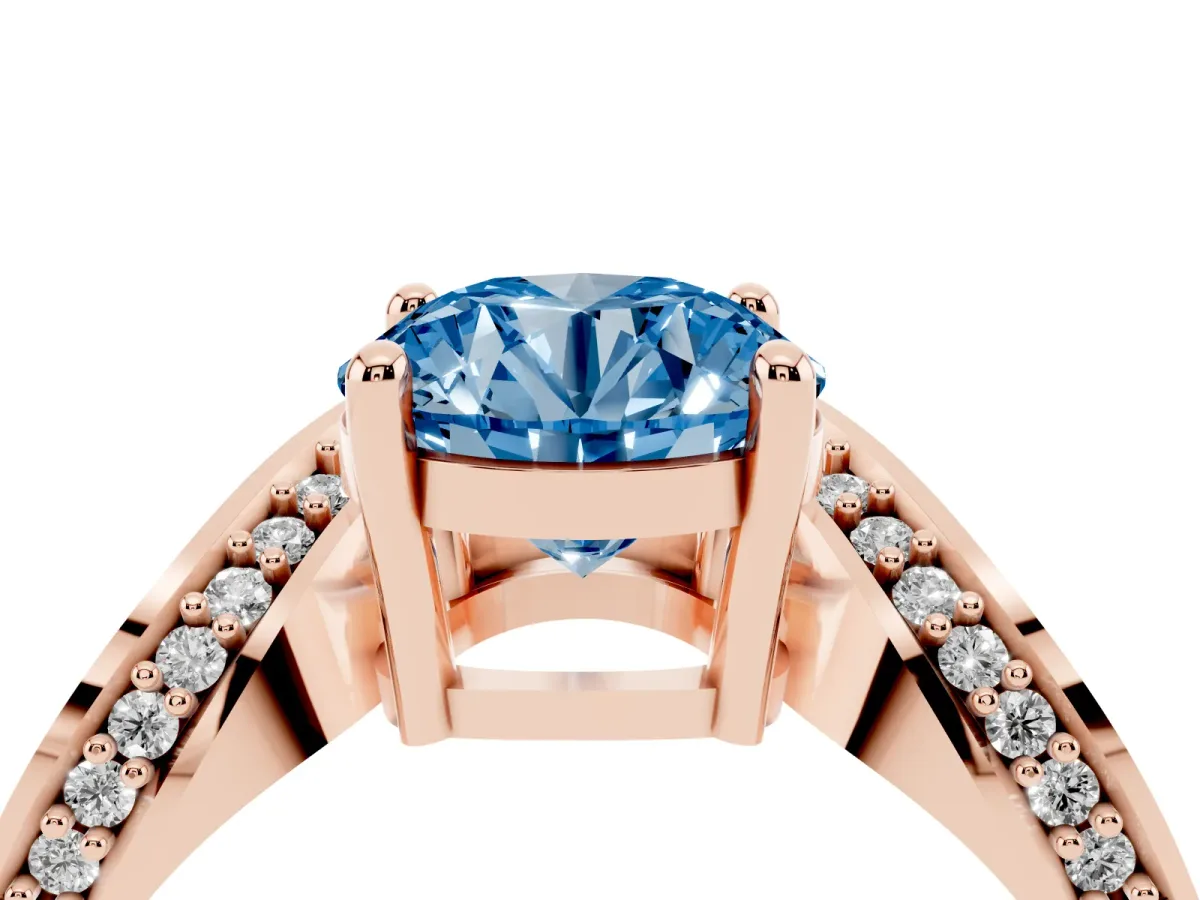 Fancy Blue Round Cut Solitaire Diamond Engagement Ring with Pave Band and Four-Prong Setting Rose gold
