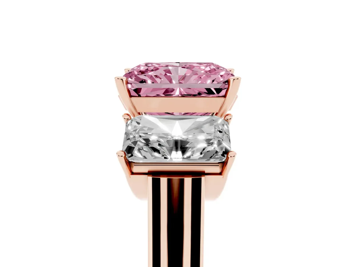 Fancy Pink Three-Stone Radiant Cut Brilliant Diamond Trellis Ring with Comfort Fit Band Rose gold