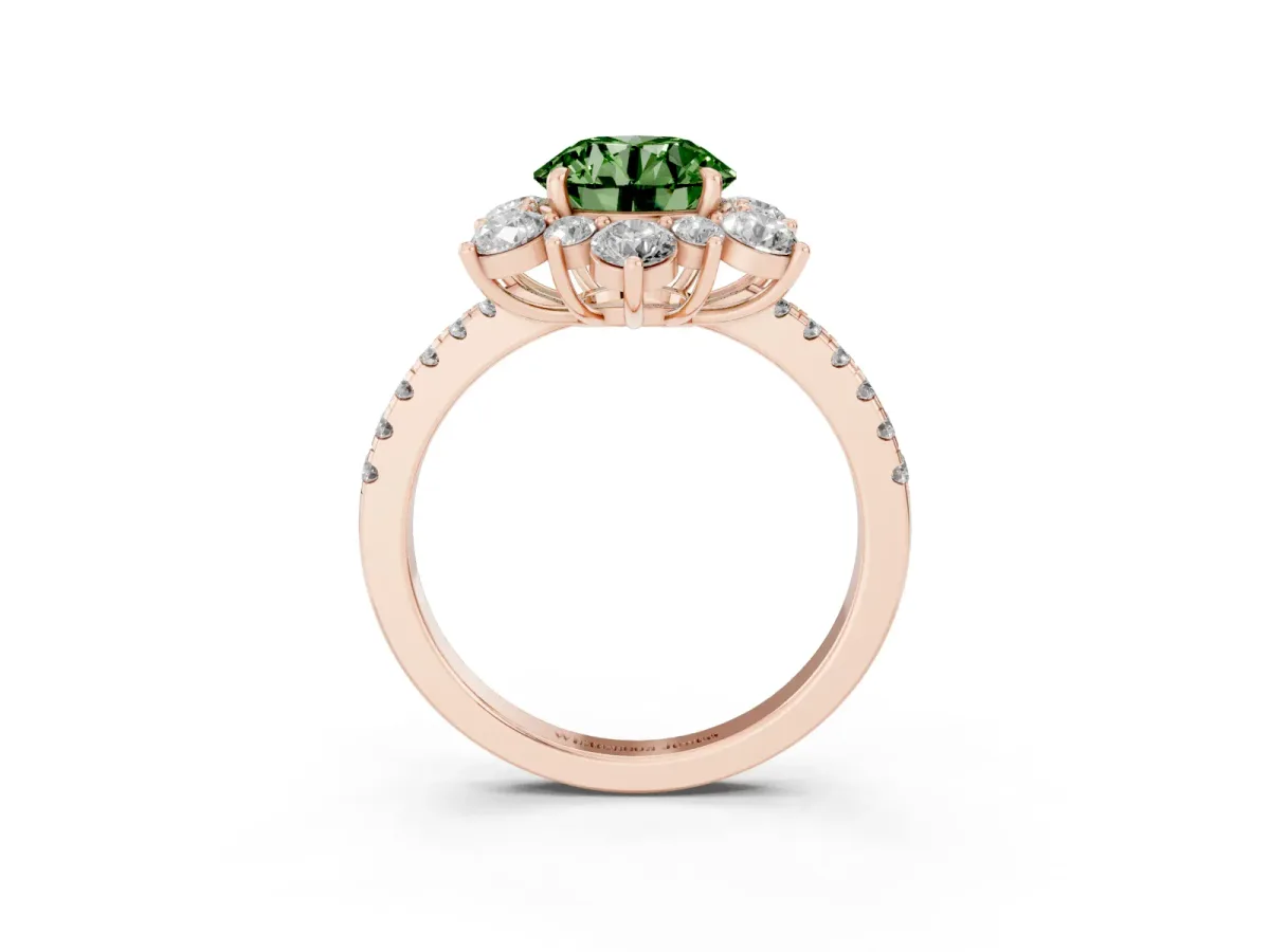 Fancy Green Round Cut Diamond Floral Halo Ring with Round Pavé Band and Prong Setting Rose gold