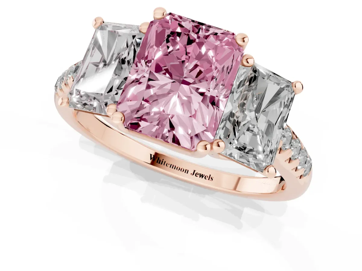 Fancy Pink Three-Stone Radiant Cut Diamond Ring with Round Pavé Band and Prong Setting Rose gold