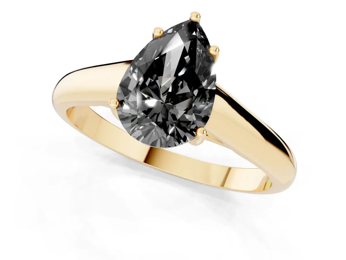 Fancy Black Pear Cut Solitaire Engagement Ring with Tapered Band and Four-Prong Setting Yellow gold