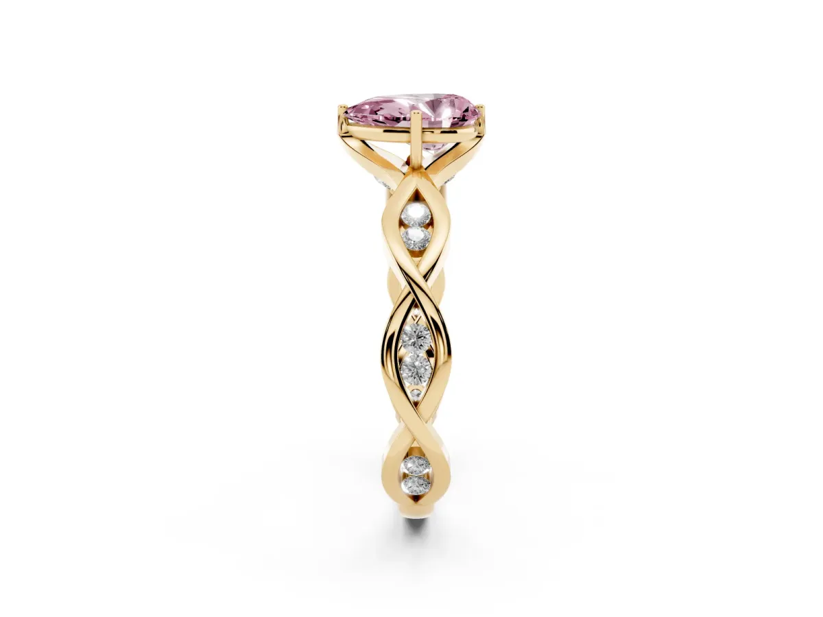 Fancy Pink Pear Cut Solitaire Twist Band with Leaf Prong Setting Yellow gold