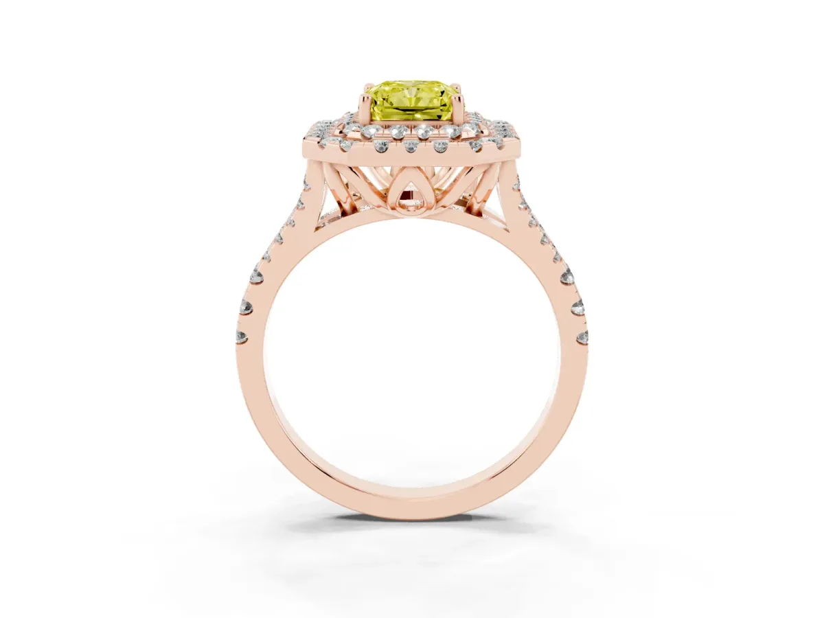 Fancy Yellow Double Halo Radiant Cut Diamond Pavé Split Shank Ring with Prong Setting Rose gold
