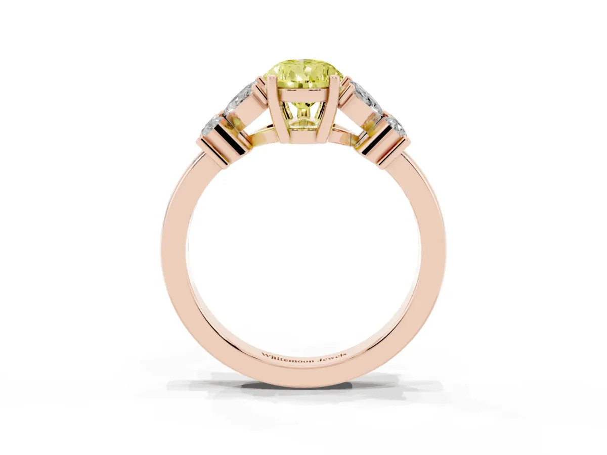 Fancy Yellow Pear Cut Diamond Floral Cluster Ring with Solitaire Band and Prong Setting Rose gold