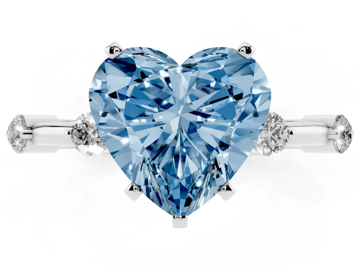 Fancy Blue Heart Cut Solitaire Diamond Ring with Bezel Set Side Stones and Prong Setting Silver