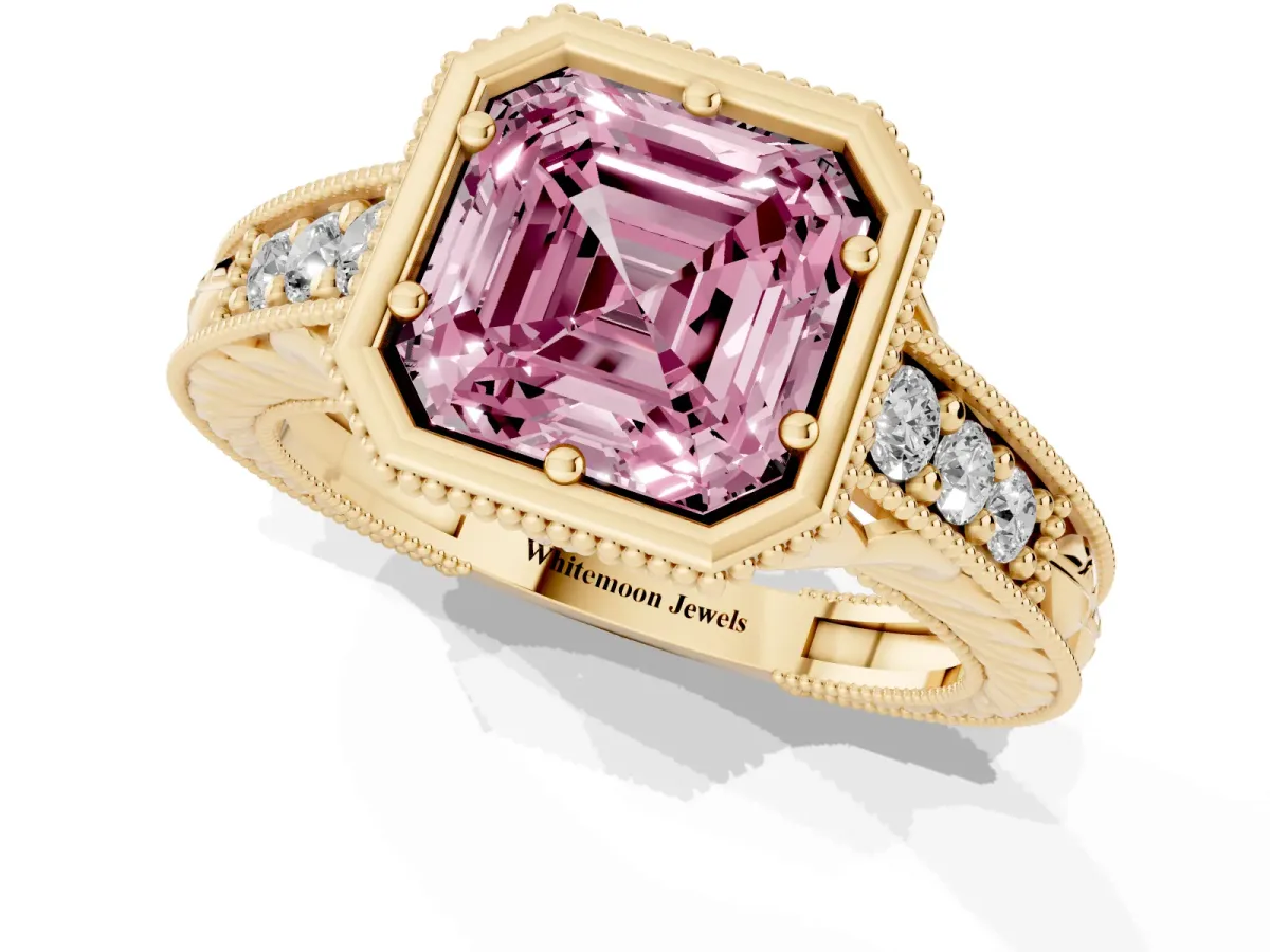 Fancy Pink Bezel Set Asscher Cut Diamond Milgrain Pave Engagement Ring Yellow gold