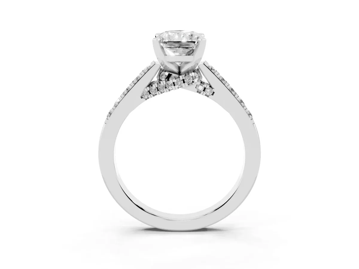 Radiant Cut Diamond Solitaire Ring with Crossover Gallery and Round Pavé Band Platinum
