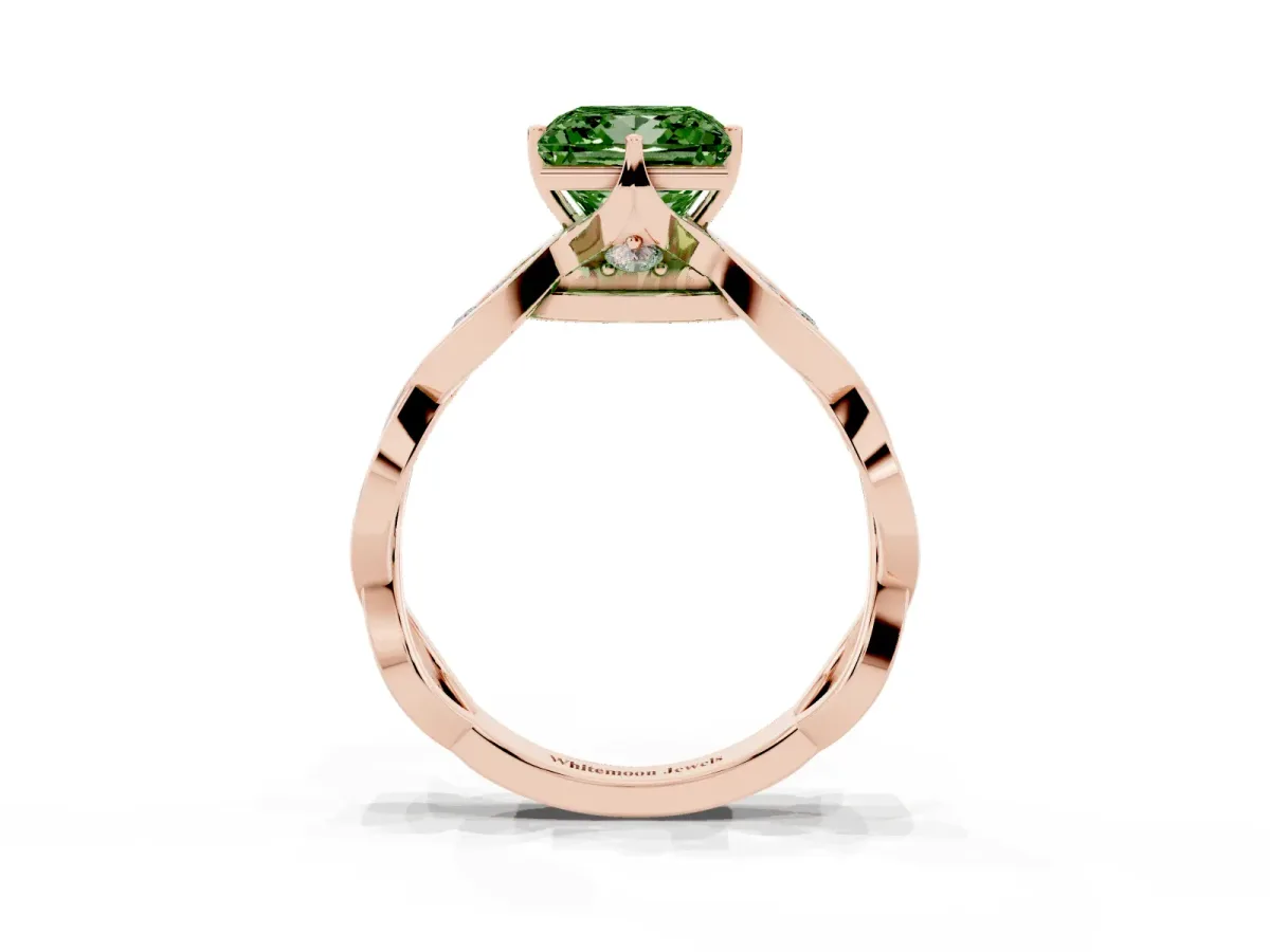 Fancy Green Princess Cut Solitaire Twist Band with Leaf Prong Setting Rose gold